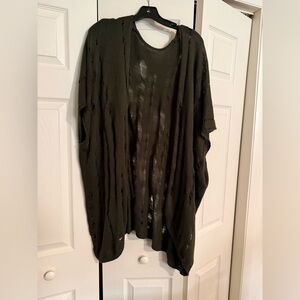 SHEIN Dark Olive Distressed Open-Front Knit Cardigan